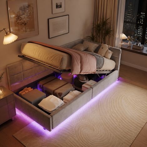 Lit simple capitonné 90×200cm,lit coffre avec lumière LED,lit canapé avec port USB,Sommier à lattes,lit ado,lit enfant,Velours,Gris (1/5)