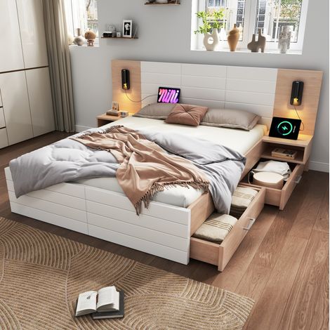 Doppelbett 180x200 cm Weiß und Eiche Massivholz und MDF mit Leselicht, USB-Ladefunktion, Stauraum und Schubladen (1/5)