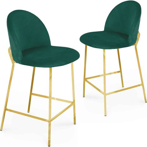 Deco In Paris – Lot de 2 tabourets de bar en velours vert – Hauteur 93 cm – Hauteur d'assise 65 cm – Piètement métal doré – Style rétro chic (1/5)
