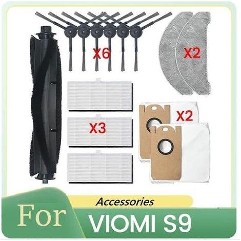 14 accessoires pour aspirateur robot VIOMI S9 : brosse principale, brosse latérale, filtre, chiffon de nettoyage et sac à poussière. (1/5)