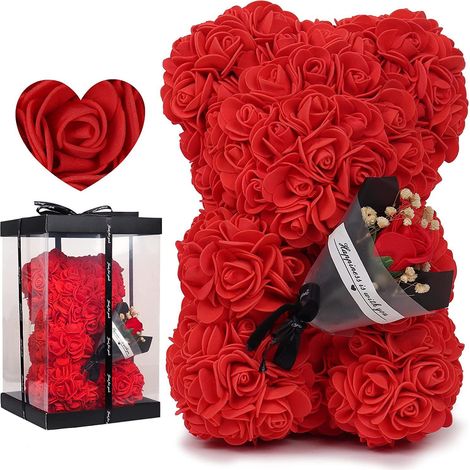 Ours en peluche rose avec bouquet de roses, cadeau d'anniversaire ou de fête des mères pour petite amie, épouse, maman ou fille (rouge)