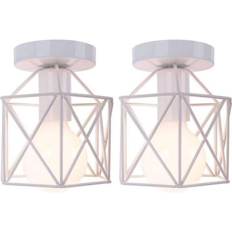 Retro Plafonnier Industrielle en Métal Carré Fer, Suspension Cage Cube Luminaire E27 pour Salon Chambre Café Bar Restaurent Entrée Couloir (Lot de 2 Blanc) (1/4)