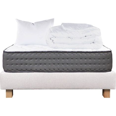 ZENITH - Pack Matelas + Sommier Tapissier Beige 90x190 cm + 1 Oreiller + 1 Couette (1/5)