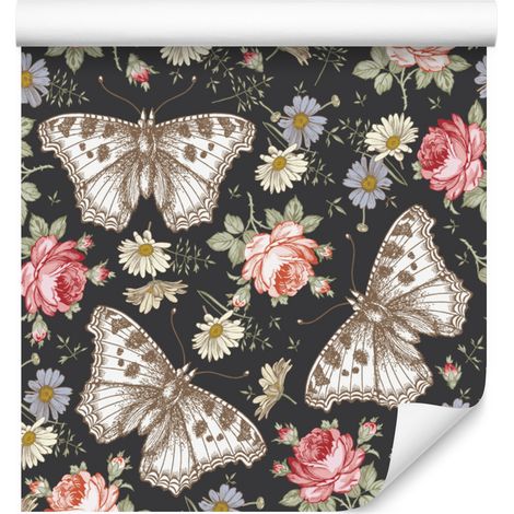 Papier peint Papillons, Roses, Fleurs et Feuilles pour Salon et Chambre 50x1000 cm (1/5)
