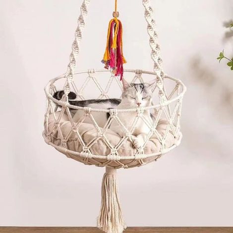 Hamac pour chat en macramé - Lit suspendu bohème tissé à la main avec kit de suspension - Usage intérieur et extérieur - Décoration - Balancelle de plafond - 30 x 30 cm (1/3)