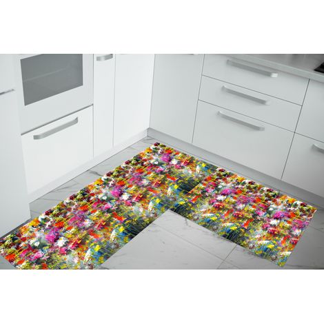 Set di 2 tappeti da cucina antiscivolo e lavabili in lavatrice passatoia multiuso Quadro 997 - 50x60+50x120 (1/2)