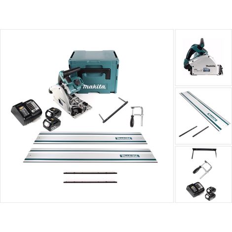 Makita DSP 600 STJ Akku Tauchsäge 36V (2x 18V) Brushless + 2x Führungschiene + Parallelanschlag + Schraubzwingen + Führungsschienenverbinder + 2x Akku 5,0Ah + Ladegerät  + Makpac