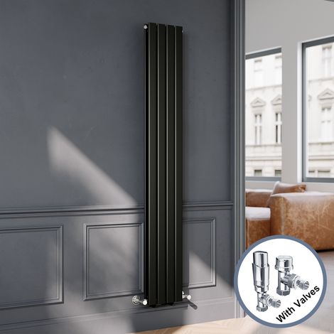 ELEGANT Black Flat Panel Central Heating Radiator with Chrome Angled Thermostatic Radiator Valves 1800 x 272mm Vertical Double Panel Rads (1/5)
