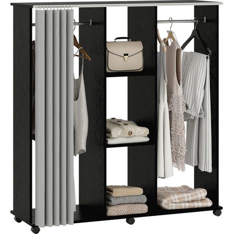 Kleiderschrank, mobile Aufbewahrungseinheit mit 6 Rollen, 120 x 40 x 128 cm (L x B x H), schwarzes Holz