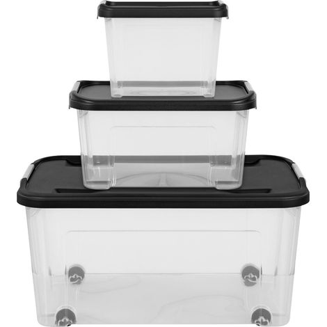 Tontarelli Aufbewahrungsboxen mit Deckel transparent/schwarz 3er-Set, 3 Größen