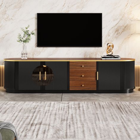 Mobile TV moderno nero e noce 180 cm – lowboard di lusso per soggiorno con ante in vetro temperato marrone, angoli arrotondati, 3 cassetti e passacavi per grandi schermi
