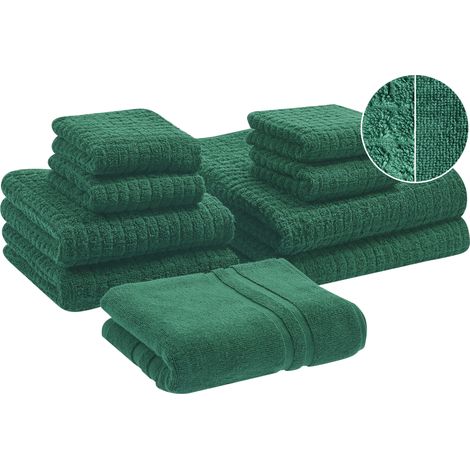 Conjunto de 9 toallas de baño de algodón suave de torsión baja con alfombrilla de baño verde Atai (1/4)