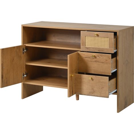 Buffet, meuble de cuisine, meuble de salon avec 2 portes et 3 tiroirs, meuble à tiroirs avec rotin et poignées dorées, buffet-commode pour cuisine, couleur bois, 105 x 40 x 76 cm