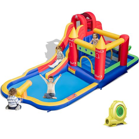 COSTWAY Castello Gonfiabile, Casa Gonfiabile con Scivolo, Piscina, Parete da Arrampicata, Trampolino e Cannone d'Acqua, con ventilatore, per Bambini di 3-10 Anni, 624 x 270 x 235 cm (1/5)