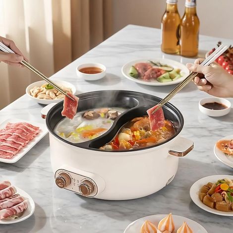 Hot pot électrique, 7,5 L Double Récipient avec Deux Régulateurs, 1600 W, Mijoteuse électrique avec Cloison de Séparation - 3 Vitesses, Hotpot Multifonctionnel pour Rôtir, Préparer des Ramen (1/5)