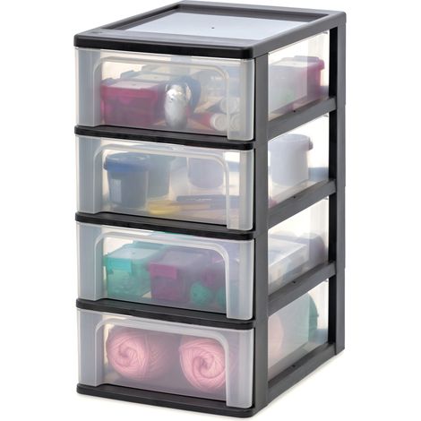 Iris Ohyama Cassettiera in Plastica, Portaoggetti, 4 Cassetti Medi, Nero, Apertura Facile, Formato A4, A5 e A6, Organizzatore, Per Ufficio, Scuola, Cartoleria, Senza BPA, Contenitore, OCH-2004 (1/5)