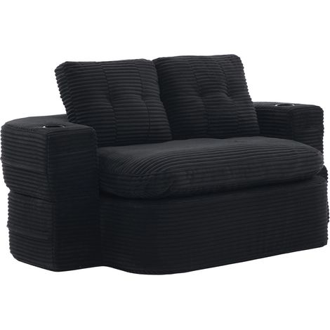 CHICFURN Canapé convertible 2 en 1 en velours côtelé noir, fauteuil relax avec fonction lit, assise extra profonde, dossier haut, porte-gobelets doubles et poches latérales (1/5)