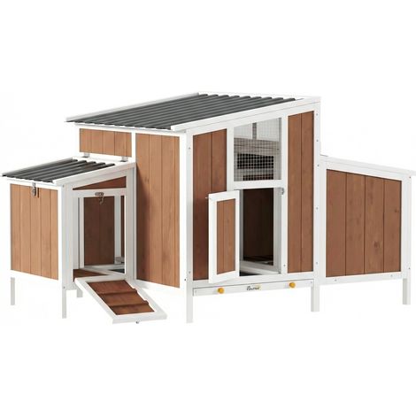 PawHut gallinero para exterior de madera 145x90x92 cm para 2-4 gallinas con nido, casa lateral, bandeja extraíble, techo impermeable, marrón claro