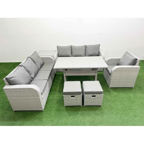 Fimous 9 Seater Poly Rattan Outdoor Garden Furniture Rectangular Dining Table Sofa Set Patio 3 Seater Sofa Reclining Chair 3 Seater Sofa Stools Side Table Light Grey (1/4)