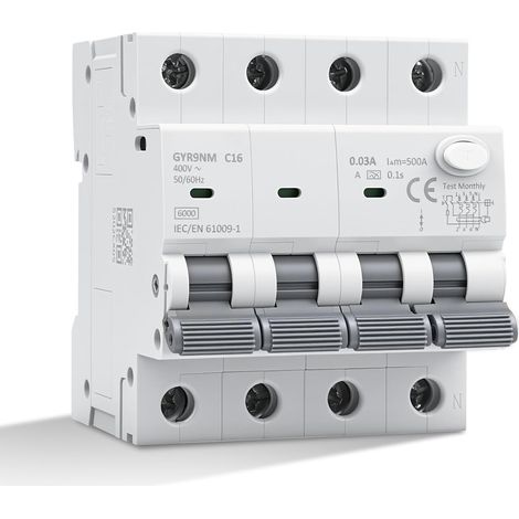 Disjoncteur différentiel 30mA 16A 3P+N type A interrupteur différentiel RCBO 6KA MCB disjoncteurs de courant résiduel AC400V Protection contre les surcharges et les courts circuits GYR9NM (1/5)