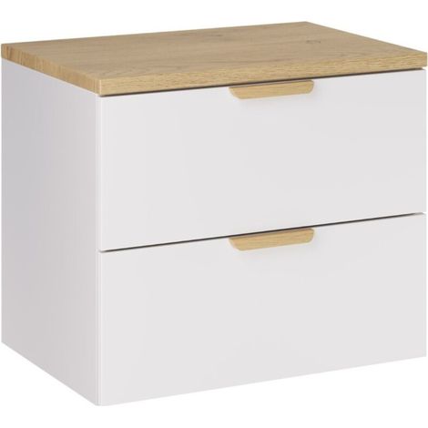 Hängendes Badezimmer-Set OSTER 60cm: Unterschrank mit weißen Schubladen + Waschtischplatte in heller Eichenoptik
