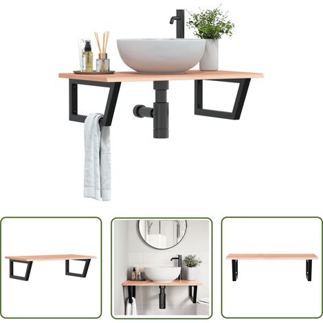 The Living Store Waschtischplatte mit Halterung Stahl und Massivholz Eiche - Waschtischplatte - Eichenholzablage - Badmöbel - Spiegelschrank - Aufbewahrungsbauernhof