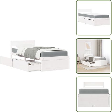 The Living Store Bett mit Schubladen und Matratze Weiß 90x200 cm Massivholz - Schlafzimmermöbel - Holzbetten - Doppelbett - Boxspringbett - Kiefernholzbett (1/5)