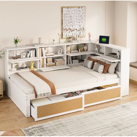 Bett multifunktional 90x200 cm weiß, modern, Holz mit Stauraum, USB-Ladeanschlüssen und 2 Schubladen (1/5)