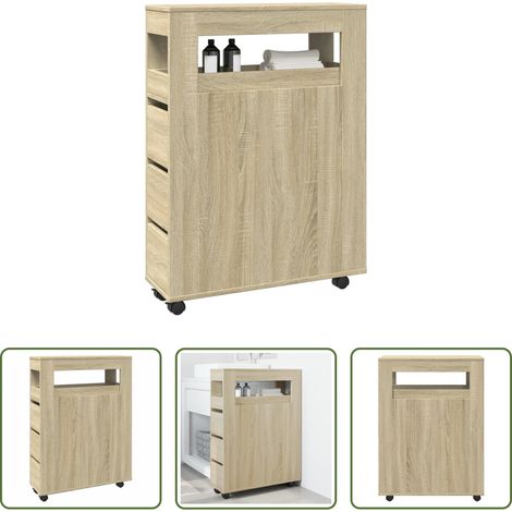 vidaXL Armoire salle de bain -  Meuble étroit de salle de bain à roulettes chêne sonoma (1/5)