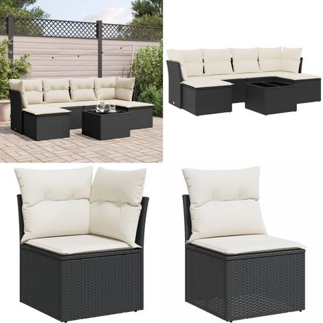 7-tlg. Garten-Sofagarnitur mit Kissen Schwarz Poly Rattan - Gartenmöbel - Rattan Möbel - Outdoor Sofa - Esstisch Set - Lounge Set - Home & Living (1/5)