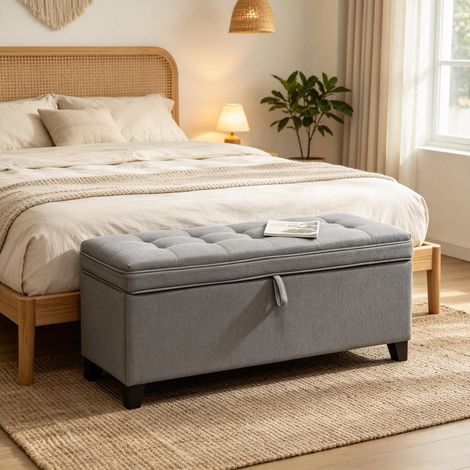 Banco de almacenamiento 112L, tapa de cama tipo banquete de lona, asiento tapizado, 120 cm (1/5)