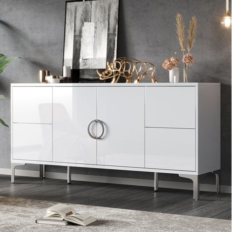 Credenza in MDF con 4 cassetti, 2 ante e gambe di supporto in metallo, bianca, 150x38x59,5 cm (1/5)