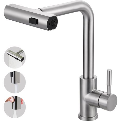 Robinet de cuisine haute pression avec douchette extensible, 3 types de jets d'eau avec robinet d'évier et rotation à 360°, nickel brossé (1/5)