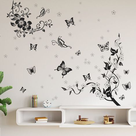 Stickers Muraux Branche Arbre Noir Autocollant Mural Papillon et Fleurs Deco Stickers Salle de Bain Salon Chambre Enfants Bébé Décoration (1/4)