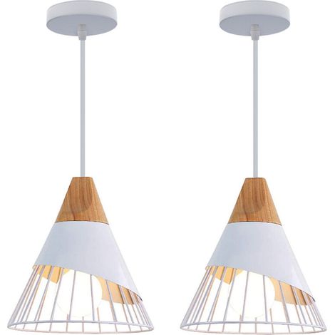 2PCS Lustre Suspension Vintage Rétro Cage Forme Badminton en Métal et Bois E27 25cm Plafonnier Luminaire Blanc (1/4)