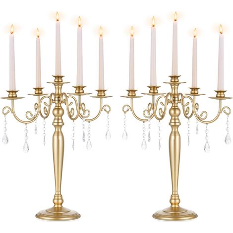 Or Candélabres Chandeliers pour Mariage: 2 Pièces Bougeoirs à 5 Bras pour Chandeliers - Supports pour Bougies Métal pour la Décoration des Dîners de Noël Réceptions Fiançailles (1/5)