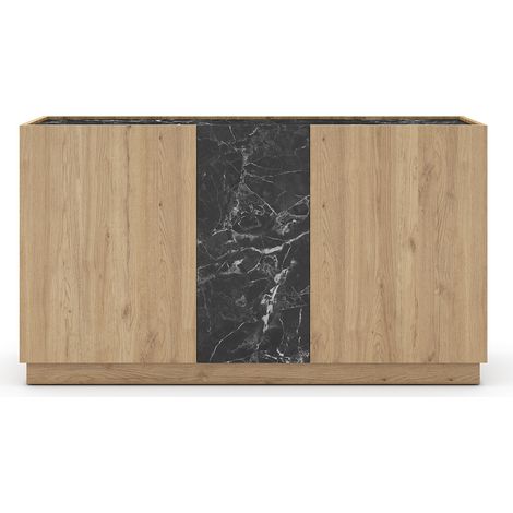 Buffet, commode rectangulaire avec 3 portes aspect bois coloris naturel et effet marbre noir  - Longueur 140 x Profondeur 41,80 x Hauteur 78,50 cm (1/5)
