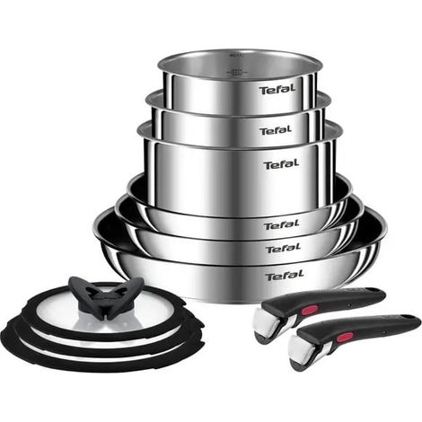 Tefal Ingenio Emotion - Batería de cocina de acero inoxidable, 11 piezas, ollas de 16/18/20 cm, sartenes de 22/24/28 cm, 3 tapas de cristal, 2 asas extraíbles (1/3)