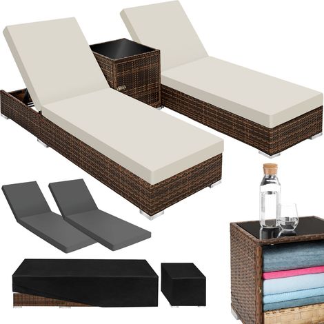 Lot de 2 bains soleil résine tressée table acier marron