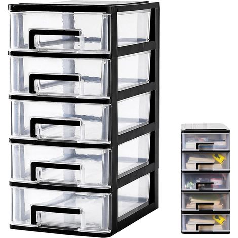 Plastic Chest of Drawers with 5 Drawers Storage Stackable Clear Cabinet Storage Box with Compartments for Office Bedroom (Dark Blue) (1/5)