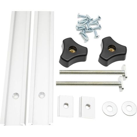 Lot de 2 glissières en aluminium T Track de 600 mm argent avec curseurs M8, vis M8 avec vis à tête hexagonale, vis autotaraudeuses pour gabarits de menuiserie en bois (1/4)
