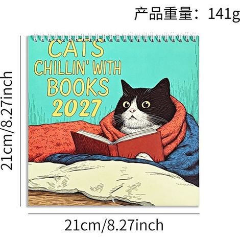 Calendrier mural relaxant 2027 : Chats qui se détendent avec des livres - Un calendrier mettant en scène des chats lisant des livres.