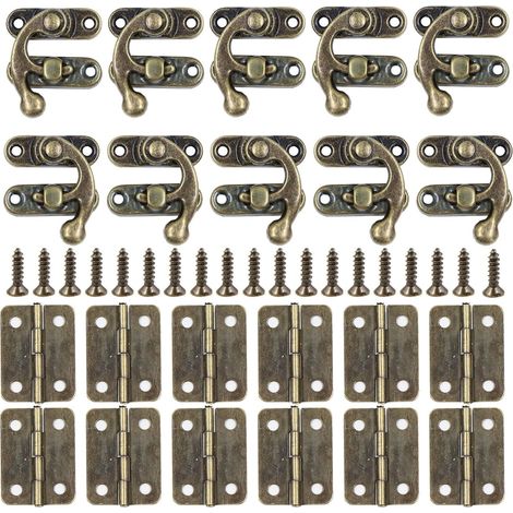 10 ganchos de pestillo antiguos retro de izquierda y derecha + 12 bisagras pequeñas con tornillos, perfectos para decorar cajas de madera. (1/5)
