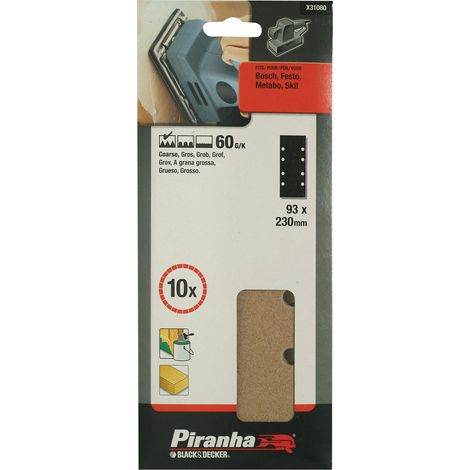 BLACK&DECKER - PIRANHA - 10 PEZZI - NASTRI ABRASIVI FORATI 93x230MM PER LEVIGATRICE ORBITALE - GRANA 60 (1/2)