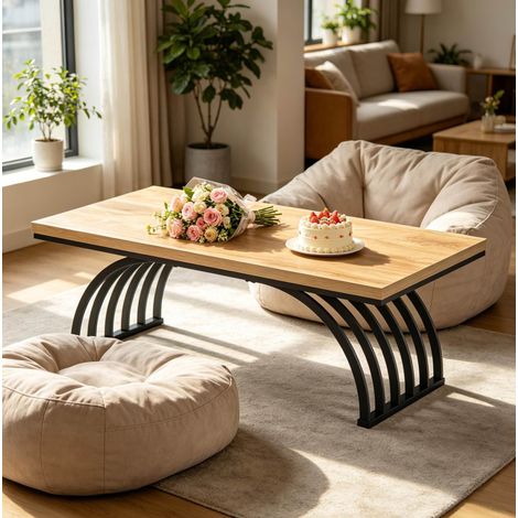Tavolino da caffè 120 cm, design minimalista, piano rustico, struttura in metallo, nero e marrone (1/5)