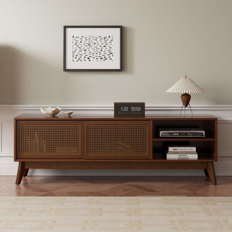 Meuble TV moderne en rotin 150 cm pour téléviseur 65 pouces, console multimédia en noyer foncé avec pieds en bois massif élégant. (1/5)