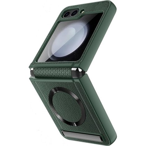 Étui en cuir avec support intégré et verre trempé pour Samsung Galaxy Z Flip5 5G, compatible MagSafe, vert (1/3)