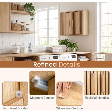 Armoire murale en bois naturel avec 2 portes à lattes et tablette réglable sur 3 niveaux pour salle de bain, buanderie et entrée (1/5)