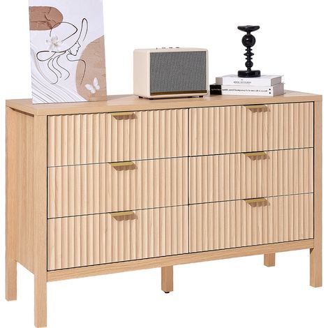 Commode à 6 tiroirs cannelés, meuble de rangement en bois avec système coulissant et anti-basculement, style minimaliste moderne, organisateur pour salon, couloir, chambre, entrée, bois clair (1/5)