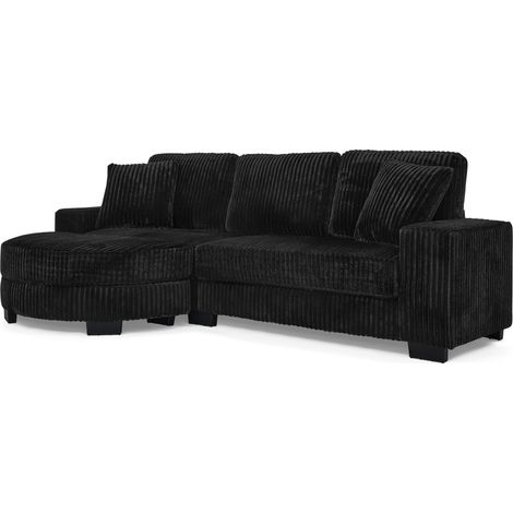 Divano angolare L 4 posti in corduroy nero con pouf ovale mobile e 2 cuscini (1/5)